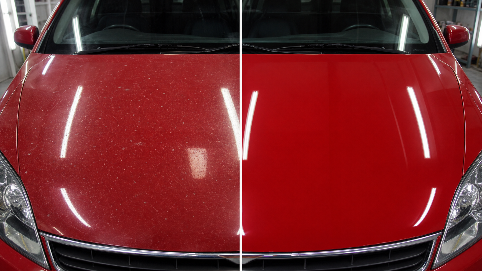 Before and after bonnet paint repair example
