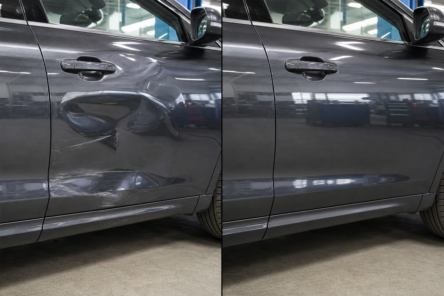 Before and after door dent repair example