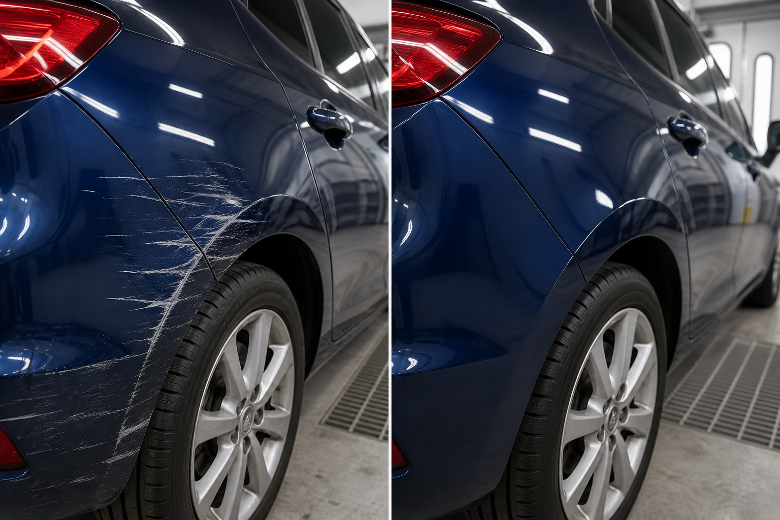 Before and after rear quarter paint repair example