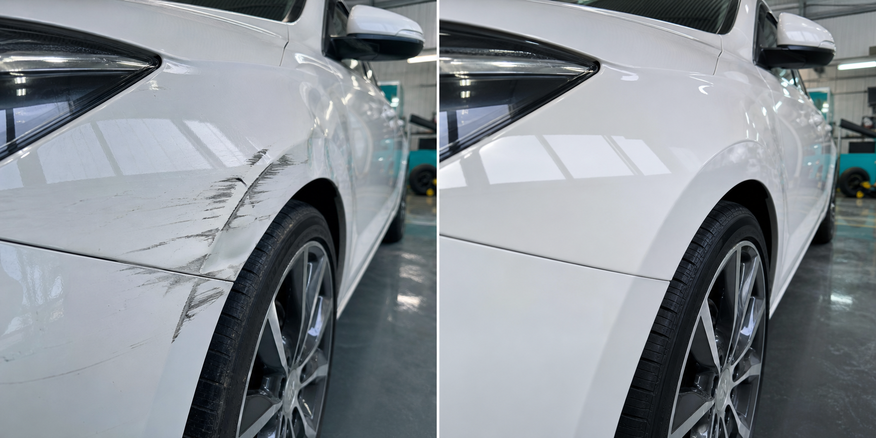 Before and after front wing repair example