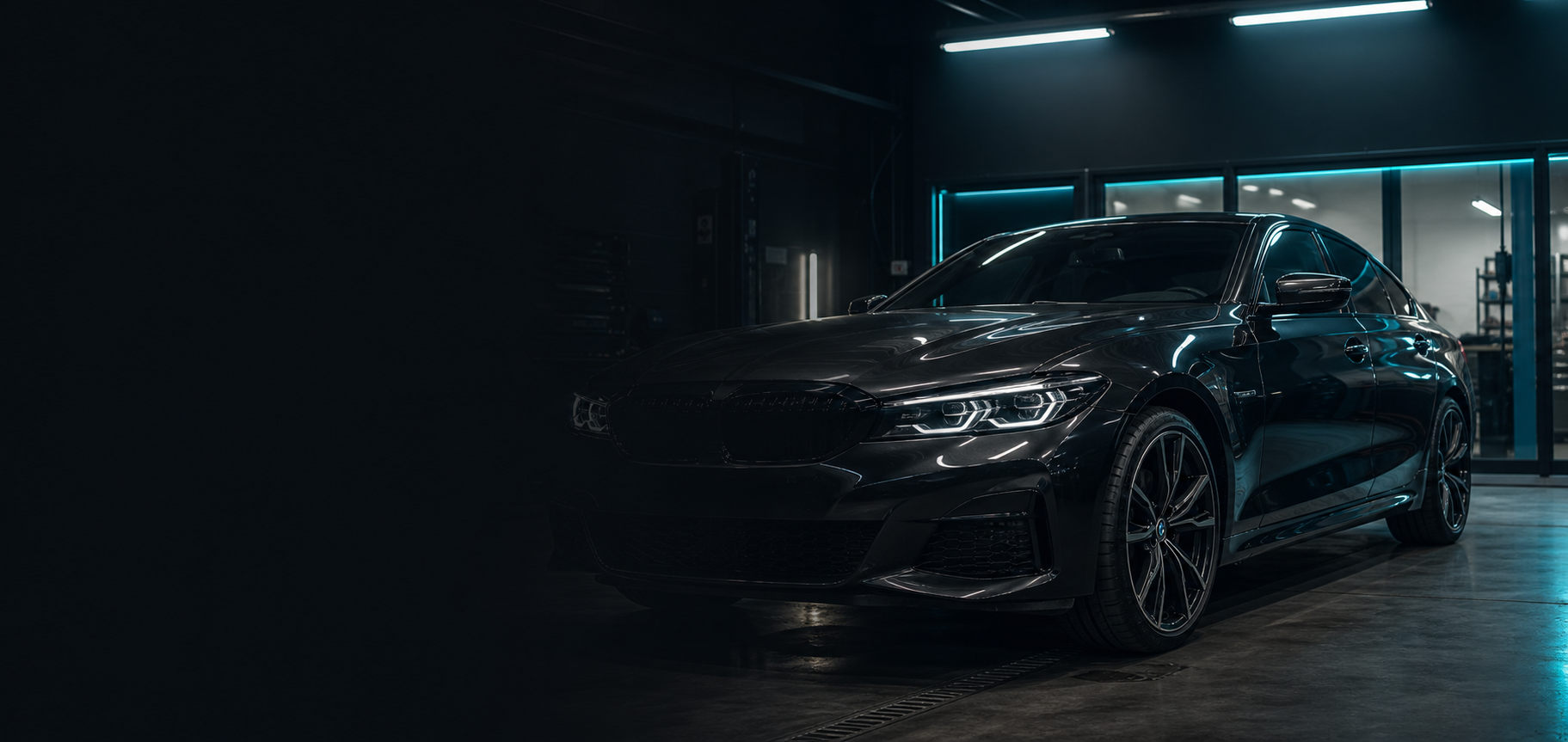 Dark professional car body repair workshop